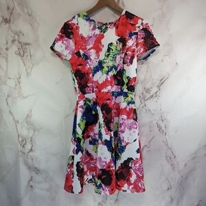 Milly Dress Womens 6 Small White Red Scuba Floral Peplum Mini Fit Flare